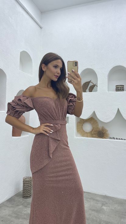 Gül Kurusu Balon Kol Volanlı Simli Abiye Elbise