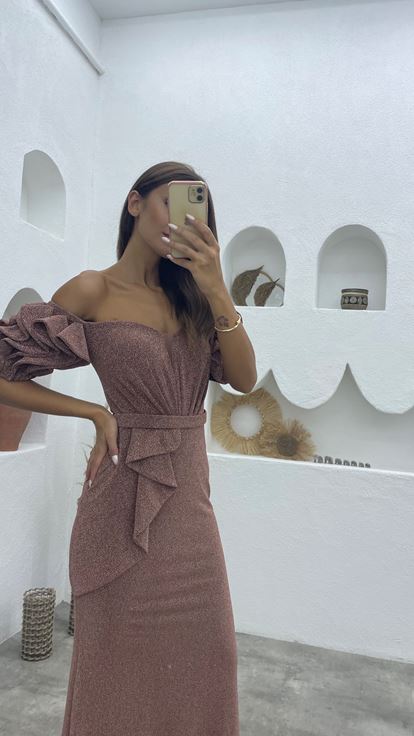 Gül Kurusu Balon Kol Volanlı Simli Abiye Elbise