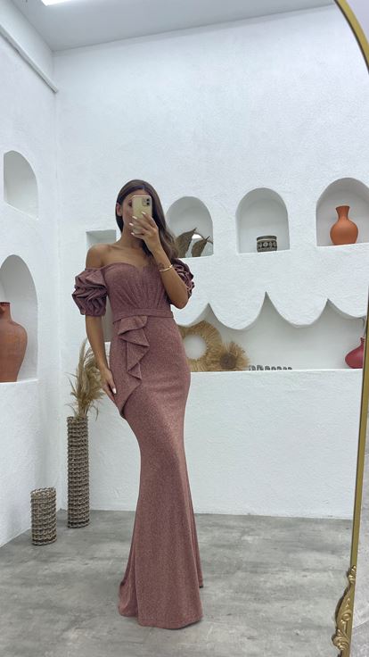Gül Kurusu Balon Kol Volanlı Simli Abiye Elbise