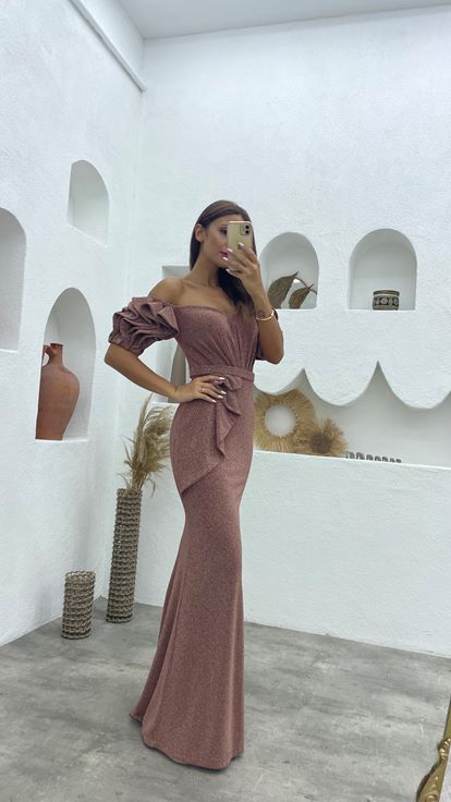 Gül Kurusu Balon Kol Volanlı Simli Abiye Elbise
