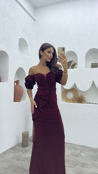 Bordo Balon Kol Volanlı Simli Abiye Elbise