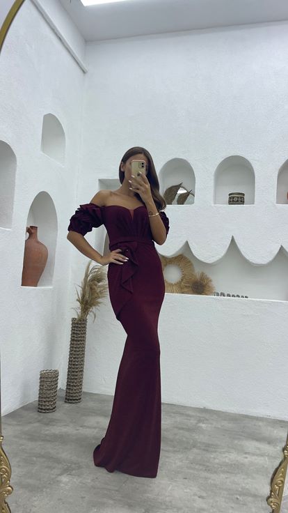 Bordo Balon Kol Volanlı Simli Abiye Elbise