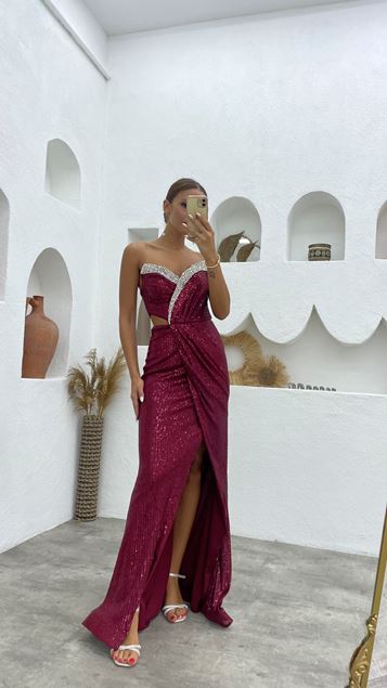 Burgundy Chest Stone Embroidered Waist Detail Sequin Sequin Evening Dress