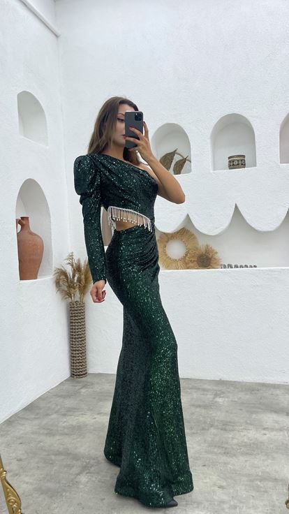 Emerald One Sleeve Chain Waist Detail Sequin Embellished Evening Dress