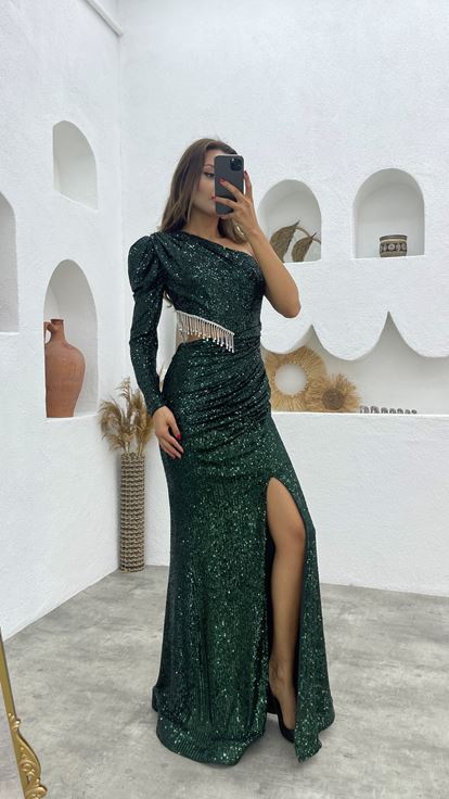 Emerald One Sleeve Chain Waist Detail Sequin Embellished Evening Dress