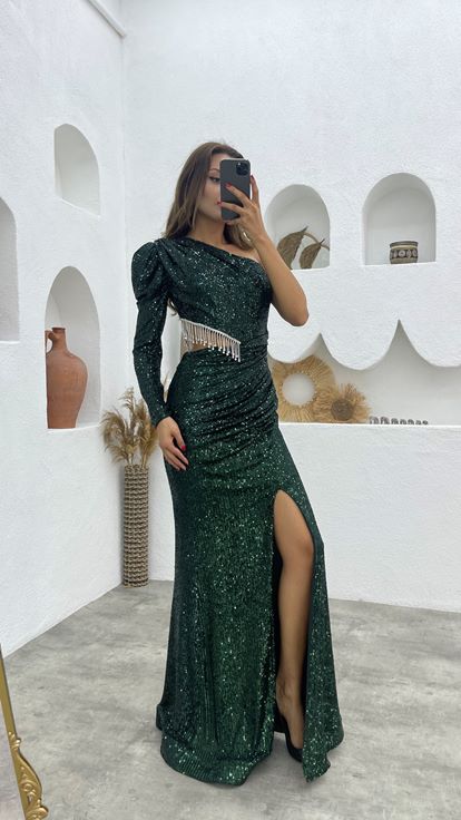 Emerald One Sleeve Chain Waist Detail Sequin Embellished Evening Dress