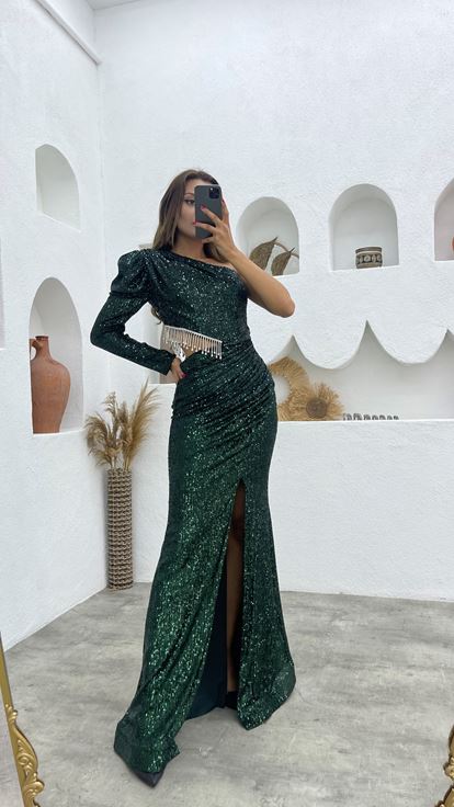 Emerald One Sleeve Chain Waist Detail Sequin Embellished Evening Dress