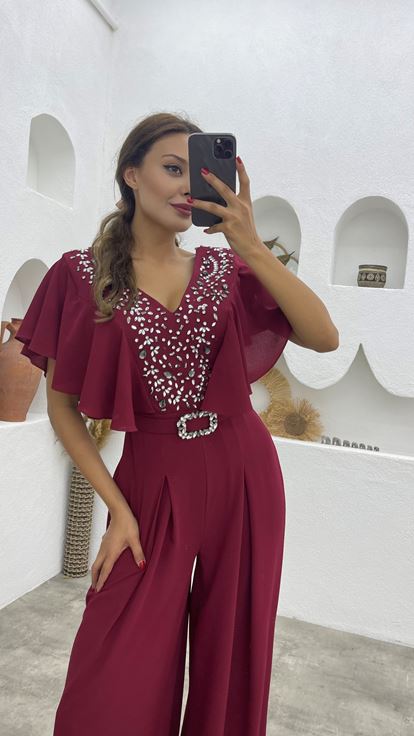 Bordo Taş İşlemeli Kemerli V Yaka Tulum