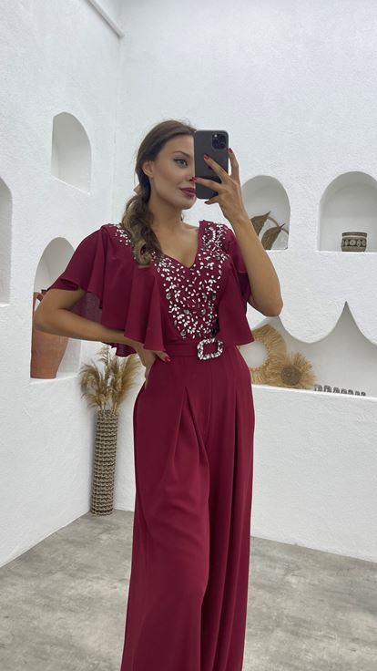 Bordo Taş İşlemeli Kemerli V Yaka Tulum