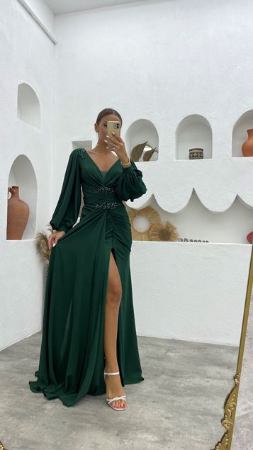 Green Embroidered Detail Draped Evening Dress