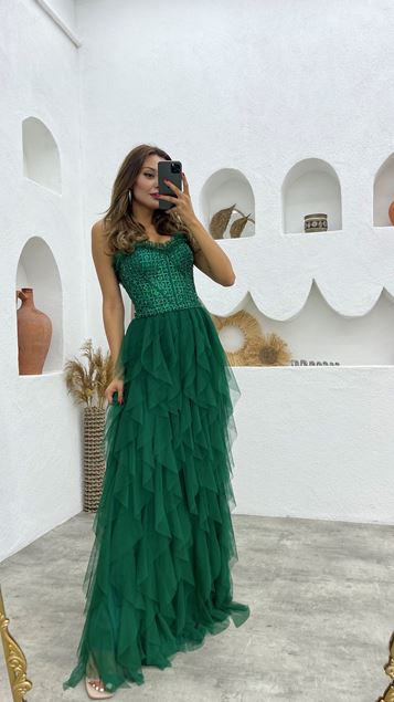 Emerald Rope Strap Gonna ricamata Abito da sera in tulle con volant
