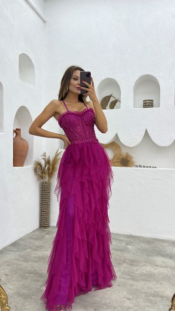 Fucsia Corda Cinturino Gonna Ricamata Abito da sera in tulle con volant