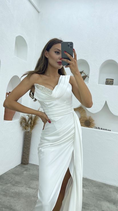 White One Shoulder Stone Embroidered Draped Satin Evening Dress