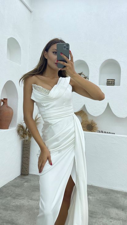 White One Shoulder Stone Embroidered Draped Satin Evening Dress