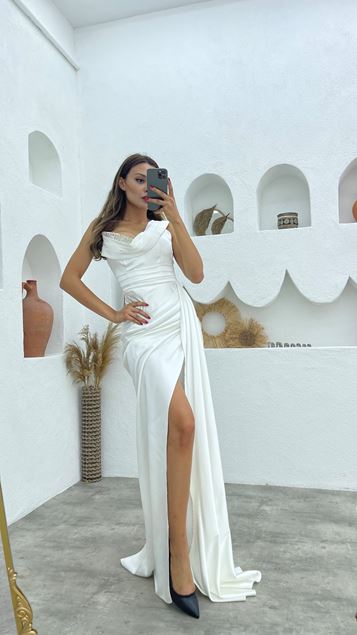 White One Shoulder Stone Embroidered Draped Satin Evening Dress
