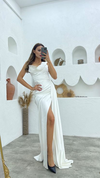 White One Shoulder Stone Embroidered Draped Satin Evening Dress