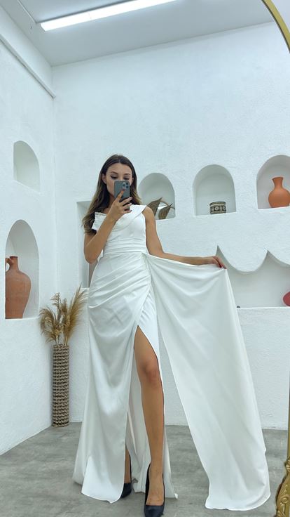 White One Shoulder Stone Embroidered Draped Satin Evening Dress