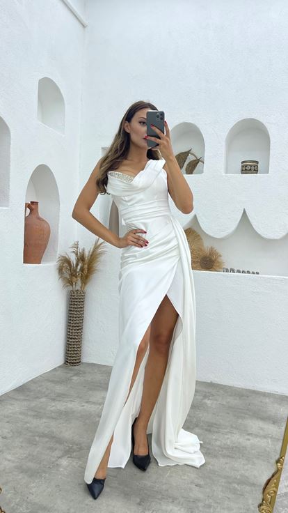 White One Shoulder Stone Embroidered Draped Satin Evening Dress