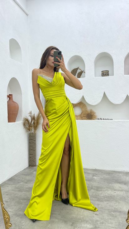 Yellow One Shoulder Stone Embroidered Draped Satin Evening Dress