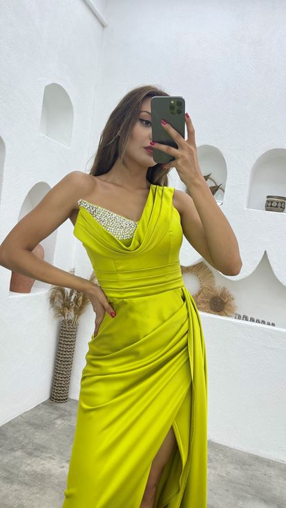 Yellow One Shoulder Stone Embroidered Draped Satin Evening Dress