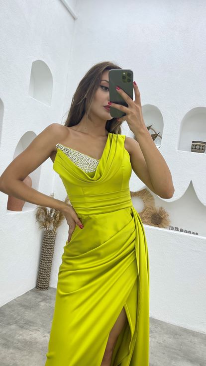 Yellow One Shoulder Stone Embroidered Draped Satin Evening Dress