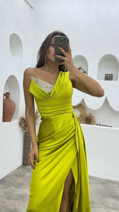 Yellow One Shoulder Stone Embroidered Draped Satin Evening Dress