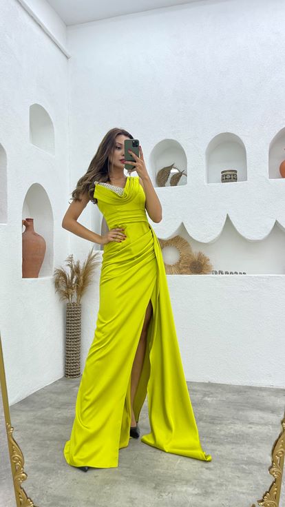 Yellow One Shoulder Stone Embroidered Draped Satin Evening Dress
