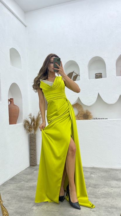 Yellow One Shoulder Stone Embroidered Draped Satin Evening Dress