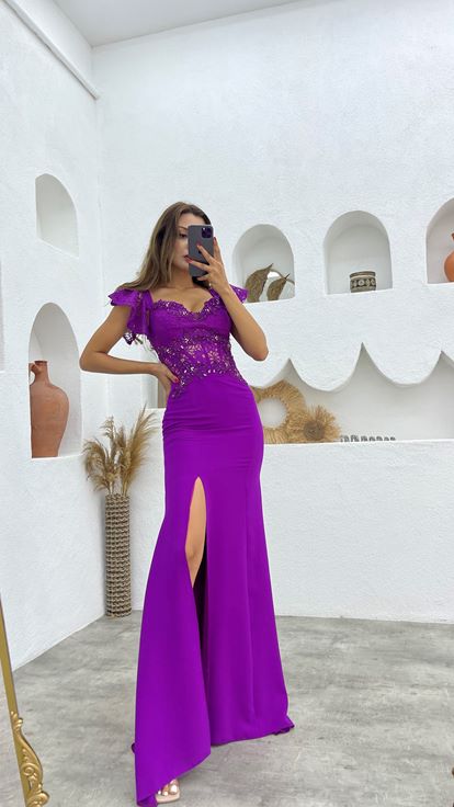 Purple Embroidered Detail Guipure Evening Dress
