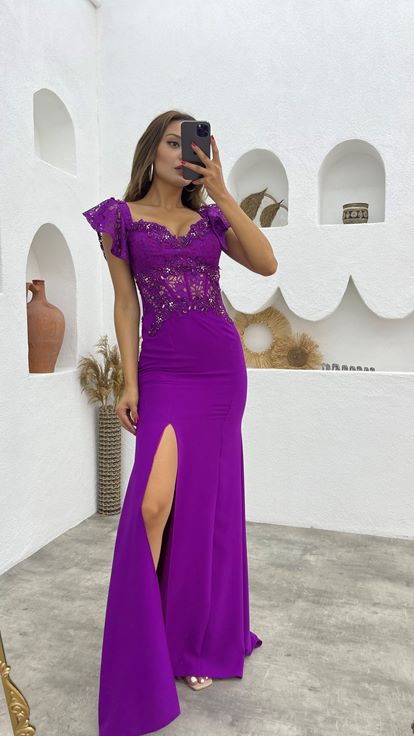 Purple Embroidered Detail Guipure Evening Dress