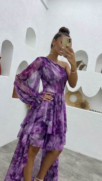 Viola Gonna a maniche singole Abito da sera in chiffon arruffato