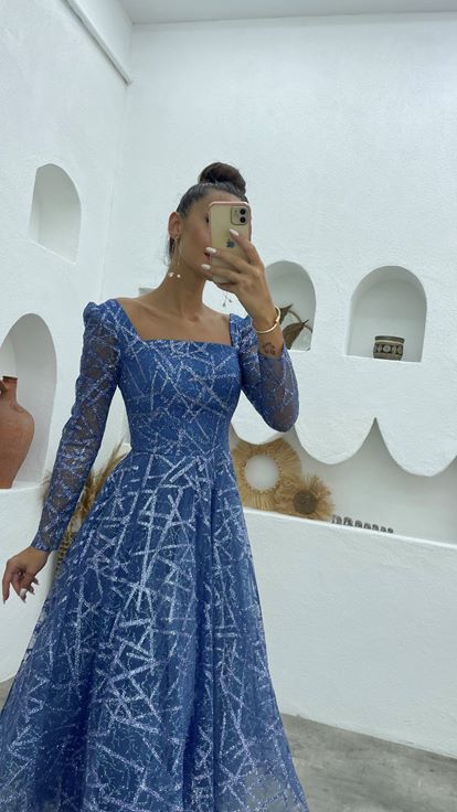 Blue Silvery Design Tulle Evening Dress