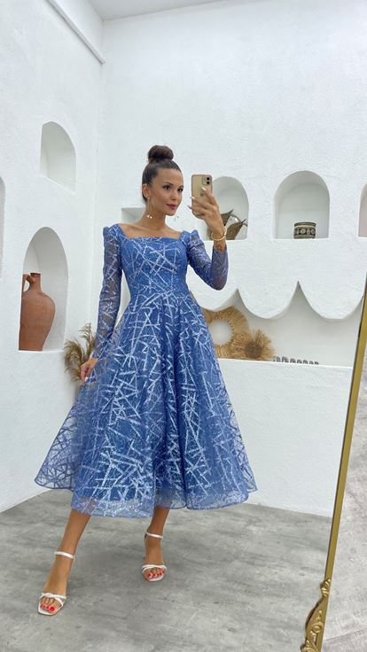 Blue Silvery Design Tulle Evening Dress