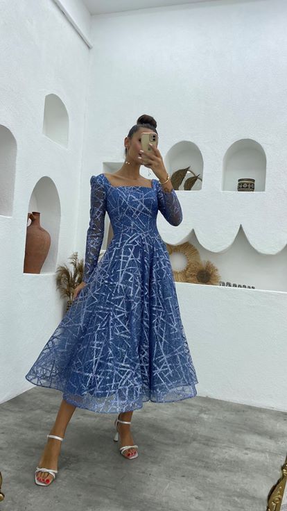 Blue Silvery Design Tulle Evening Dress