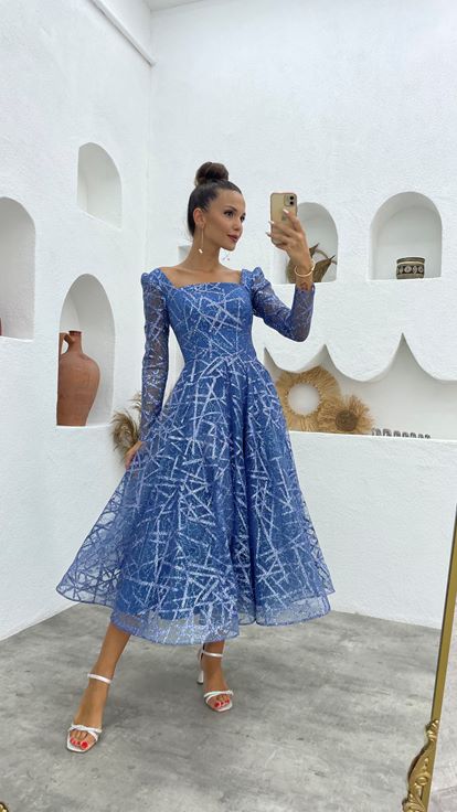 Blue Silvery Design Tulle Evening Dress