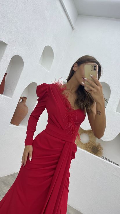 Vestido de noche rojo con borla de una sola manga con cordón