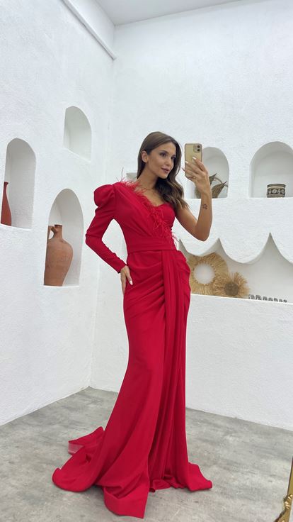 Vestido de noche rojo con borla de una sola manga con cordón