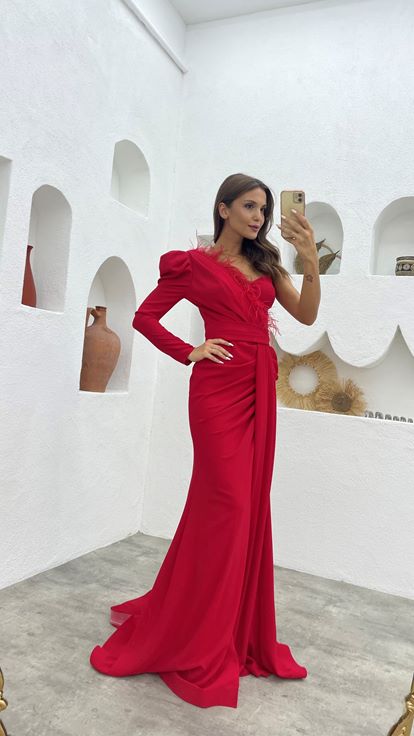 Vestido de noche rojo con borla de una sola manga con cordón