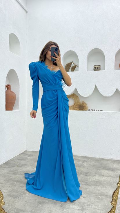 Vestido de noche turquesa con borla de una sola manga con cordón