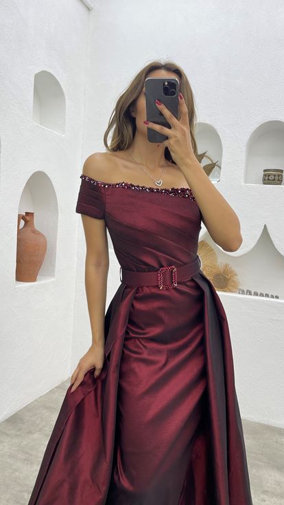 Bordo Tek Omuz Kemerli Drapeli Abiye Elbise