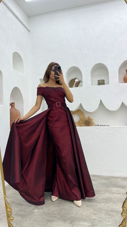 Bordo Tek Omuz Kemerli Drapeli Abiye Elbise
