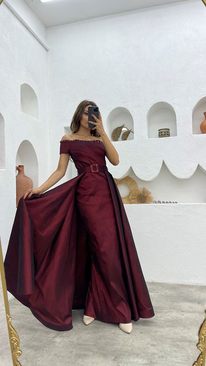 Bordo Tek Omuz Kemerli Drapeli Abiye Elbise