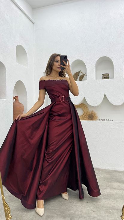 Bordo Tek Omuz Kemerli Drapeli Abiye Elbise