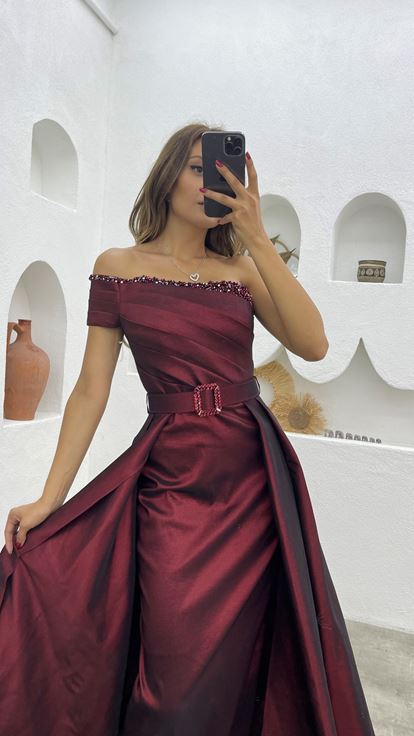Bordo Tek Omuz Kemerli Drapeli Abiye Elbise