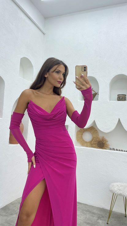 Fuchsia Strapless Ruched Evening Dress