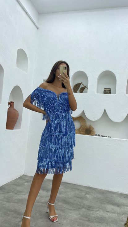 Blaues Abendkleid mit Fransen