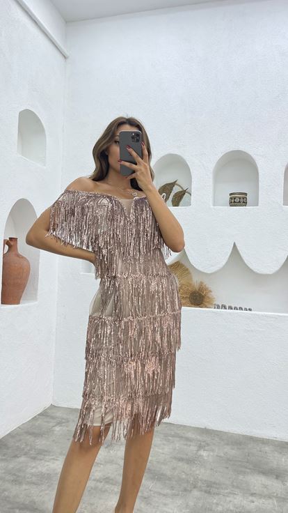 Bej Saçaklı Abiye Elbise