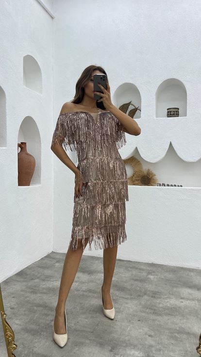 Bej Saçaklı Abiye Elbise