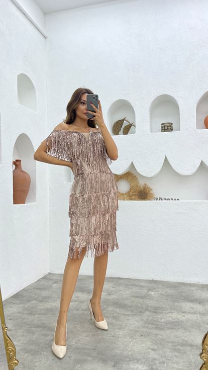 Bej Saçaklı Abiye Elbise