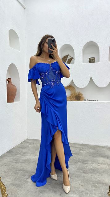 Sax Brodé Flounce Satin Robe de soirée